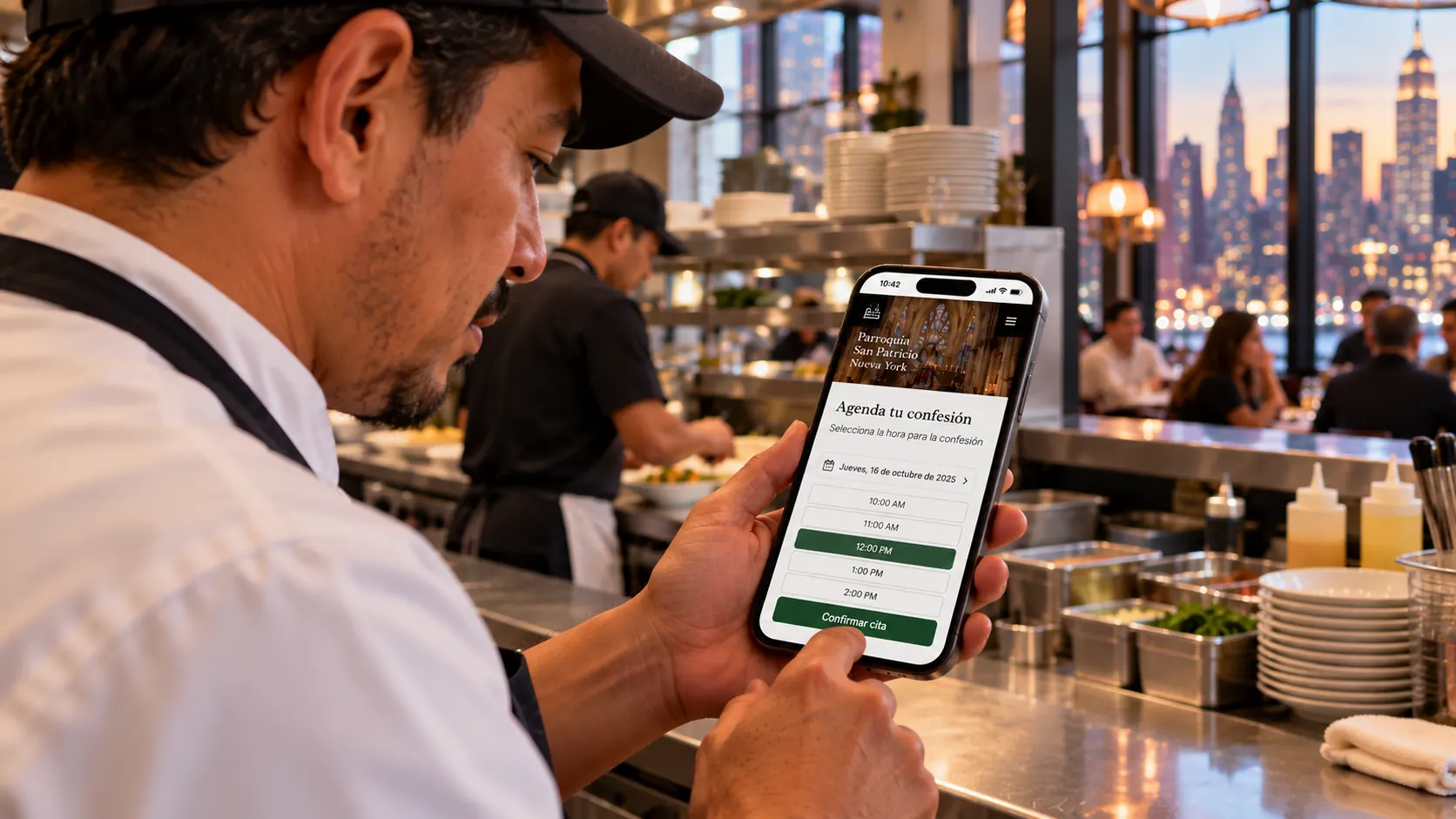 In the middle of a shift in a New York restaurant kitchen, a cook schedules his confession on his parish’s website from his phone.