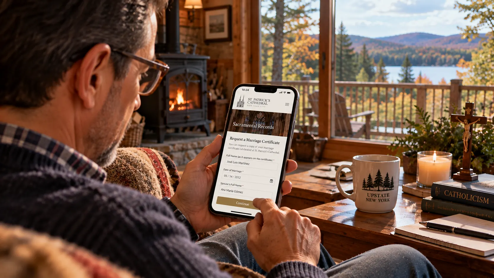 In a cabin by a lake, a man fills out a request for a marriage certificate on his parish’s website from his phone.